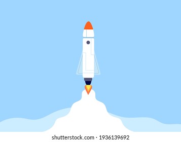 Rocket launch. Space ship launches, simple spaceship on start. New project or business, cartoon flat shuttle fly in sky utter vector background