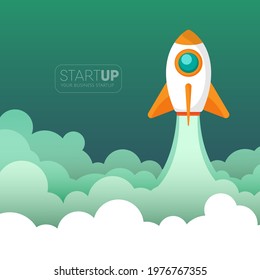 Rocket launch or Space ship in smoke clouds. Business concept. Start up template.Flat style vector illustration.