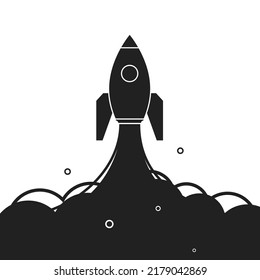 Lanzamiento del cohete al espacio con fondo de póster de silueta de humo. Ilustración vectorial plana aislada en fondo blanco.