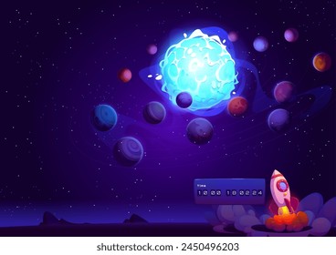 Rocket launch in space. Spaceship on planet cartoon vector. Galaxy ship speed start with fire and smoke in cosmic universe to alien. Fantasy spacecraft in sky startup. Meteorite and asteroid flying