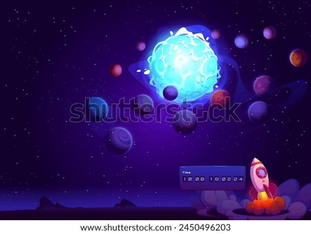 Rocket launch in space. Spaceship on planet cartoon vector. Galaxy ship speed start with fire and smoke in cosmic universe to alien. Fantasy spacecraft in sky startup. Meteorite and asteroid flying