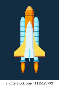 Rocket launch. Space, study of outer space. Air vehicle launched from the station. Take-off space ship. Rocket launched from station into the air, installed on technical base. Vector illustration.