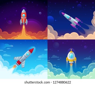 Rocket Launch. Space Travel, Galaxy Rocketship And Business Plan Success Start. Rocketship Booster Flight Technology, Galaxy Cosmos Spaceship Vector Cartoon Concept Illustration