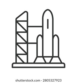 Rocket launch space travel icon in line design. Rocket, space launch, space travel, technology, spaceship, exploration, future on white background vector. Rocket launch space travel editable stroke ic