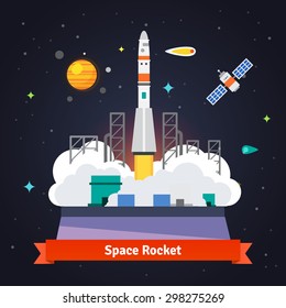 Rocket launch from spaceport pad. Starry cosmos with satellite, comet and satellite. Flat vector illustration.