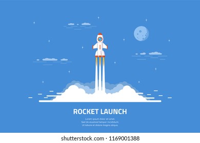 Rocket launch, spaceship. Flat style concept banner of business startup.