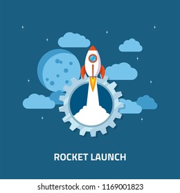 Rocket launch, spaceship. Flat style concept banner of business startup.