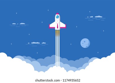 Rocket launch, spaceship. Flat style concept banner of business startup.