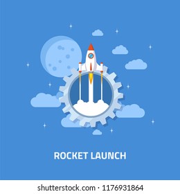 Rocket launch, spaceship. Flat style concept banner of business startup.