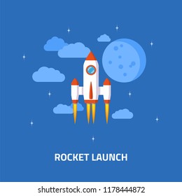 Rocket launch, spaceship. Flat style concept banner of business startup.