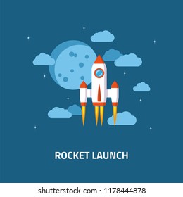 Rocket launch, spaceship. Flat style concept banner of business startup.