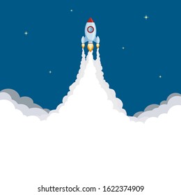Rocket launch. Spaceship flies in the sky with stars. Vector flat graphic illustration.