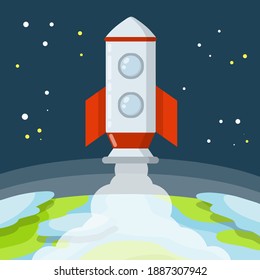 Rocket. Launch of spaceship. Flight into space. Red and white spacecraft. Takeoff from the planet with smoke. Start to earth Orbit. Flat cartoon illustration