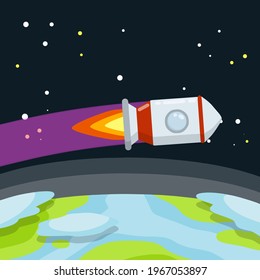Rocket. Launch of spaceship. Flight into space. Red and white spacecraft. Takeoff from the planet. Start to earth Orbit. Flat cartoon illustration