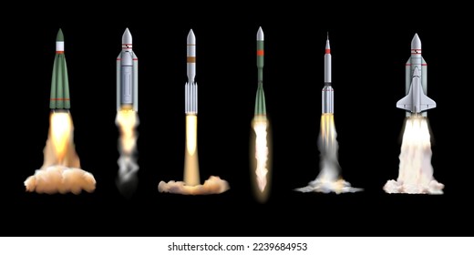 Rocket launch. Spaceship start. Realistic cosmic ship engine. Shuttle smoke jet. Spacecraft in universe. Rocketship flight. Galaxe exploration. Vector 3D space vehicles illustration set