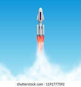 Rocket Launch, Spaceship Start With Steam Clouds. Shuttle Vector Illustration.