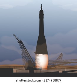 Rocket launch. Spaceship with takeoff smoke track and fire burst.
