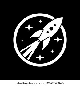 rocket launch with stars in circle icon. White icon on black background. Inversion