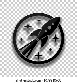 rocket launch with stars in circle icon. Black glass icon with soft shadow on transparent background