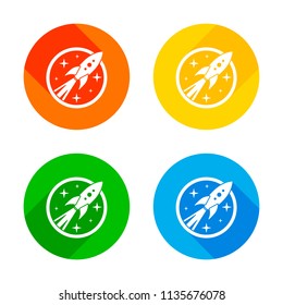 rocket launch with stars in circle icon. Flat white icon on colored circles background. Four different long shadows in each corners