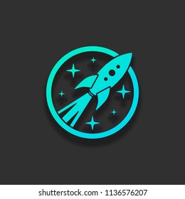 rocket launch with stars in circle icon. Colorful logo concept with soft shadow on dark background. Icon color of azure ocean