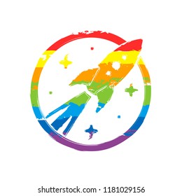rocket launch with stars in circle icon. Drawing sign with LGBT style, seven colors of rainbow (red, orange, yellow, green, blue, indigo, violet
