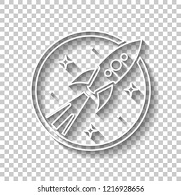rocket launch with stars in circle icon. White outline sign with shadow on transparent background