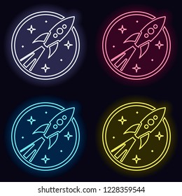 rocket launch with stars in circle icon. Set of fashion neon sign. Casino style on dark background. Seamless pattern