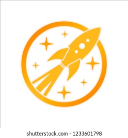 rocket launch with stars in circle icon. Orange sign with low light on white background