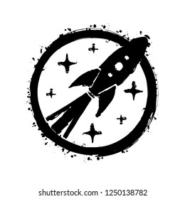 rocket launch with stars in circle icon. Black ink with splashes on white background