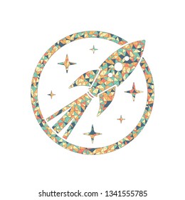 rocket launch with stars in circle icon. Colored mosaic with polygons