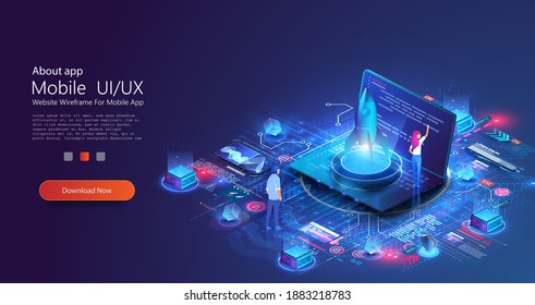 Rocket launch start up creative idea and computer digital diagrams. Innovation, success creative solution concept. Landing page template. People presentation new business project start up on laptop