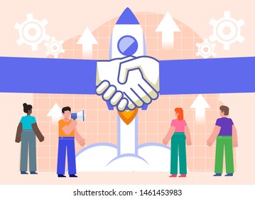 Rocket launch, start new business, startup. Group of people stand near big rocket launch. Flat design vector illustration. Poster for social media, web page, banner, presentation