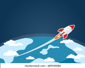 rocket launch start up sky,earth in space copy space background flat vector