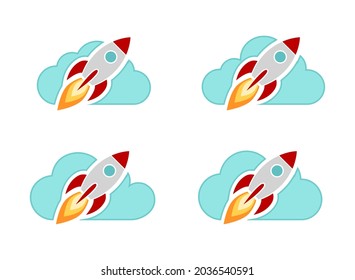 rocket launch start up trought cloud icon set isolated on white background