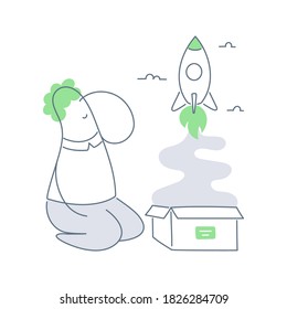 Rocket launch, starting a startup. Cute cartoon businessman sitting near the open box, the rocket takes off. Entrepreneur concept. Flat line vector illustration on white