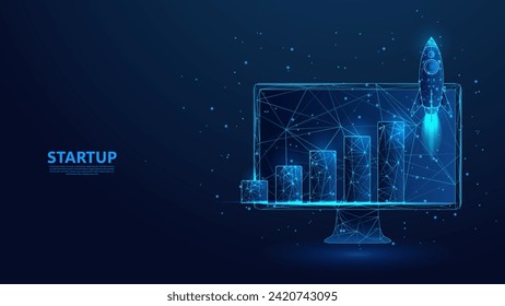 Rocket launch. Startup business growth concept with upward bar chart. Low poly wireframe style technology blue background.