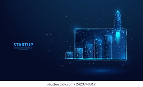 Rocket launch. Startup business growth concept with upward bar chart. Low poly wireframe style technology blue background.