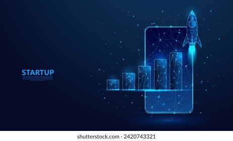 Rocket launch. Startup business growth concept with upward bar chart. Low poly wireframe style technology blue background.
