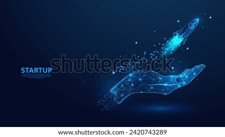 Rocket launch. Startup business growth concept. Low poly wireframe style technology blue background.