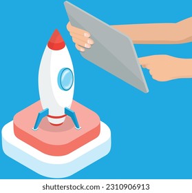 Rocket launch, startup color icon, spaceship flies up computer controlled. Project start up and development process. Innovation product, creative idea. Program management, modern technologies