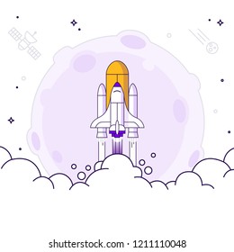 Rocket launch. Startup concept with rocket launch. Business banner with spaceship. Vector illustration in a cartoon style,isolated on white background.
