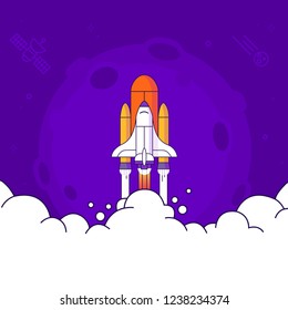 Rocket launch. Startup concept with rocket launch. Business banner with spaceship. Vector illustration in a cartoon style,isolated on background.