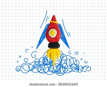 Rocket launch. Startup concept. Starting a business. Startup idea. Leadership, innovation and success. 3d plasticine rocket with sketch elements. Mixed media