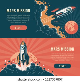 Rocket launch startup flyer - vintage style. Spaceship start mission mars retro poster. Vector illustration.