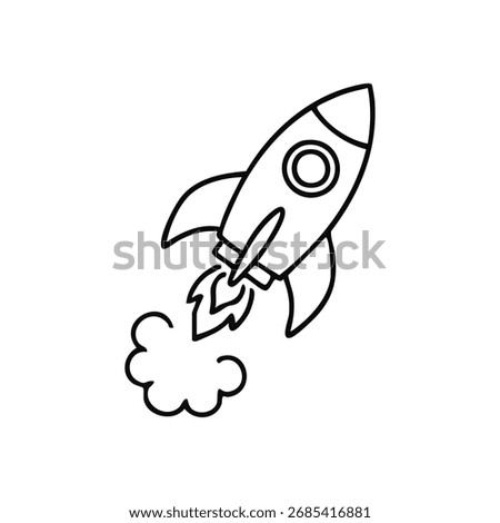 Rocket Launch Startup Growth. A sleek outline graphic of a spacecraft igniting, representing forward momentum, business startup, rapid progress, and future achievements.
