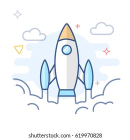 Rocket launch and startup line vector illustration