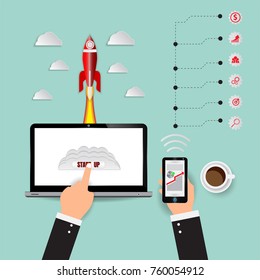 Rocket launch Startup, Marketing Infographics digital and technology for business concept, vector illustration