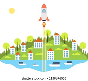 Rocket launch. Startup project concept. Clouds and town on background. Vector illustration.