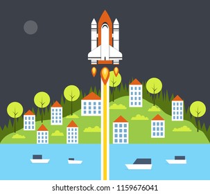 Rocket launch. Startup project concept. Clouds and town on background. Vector illustration.